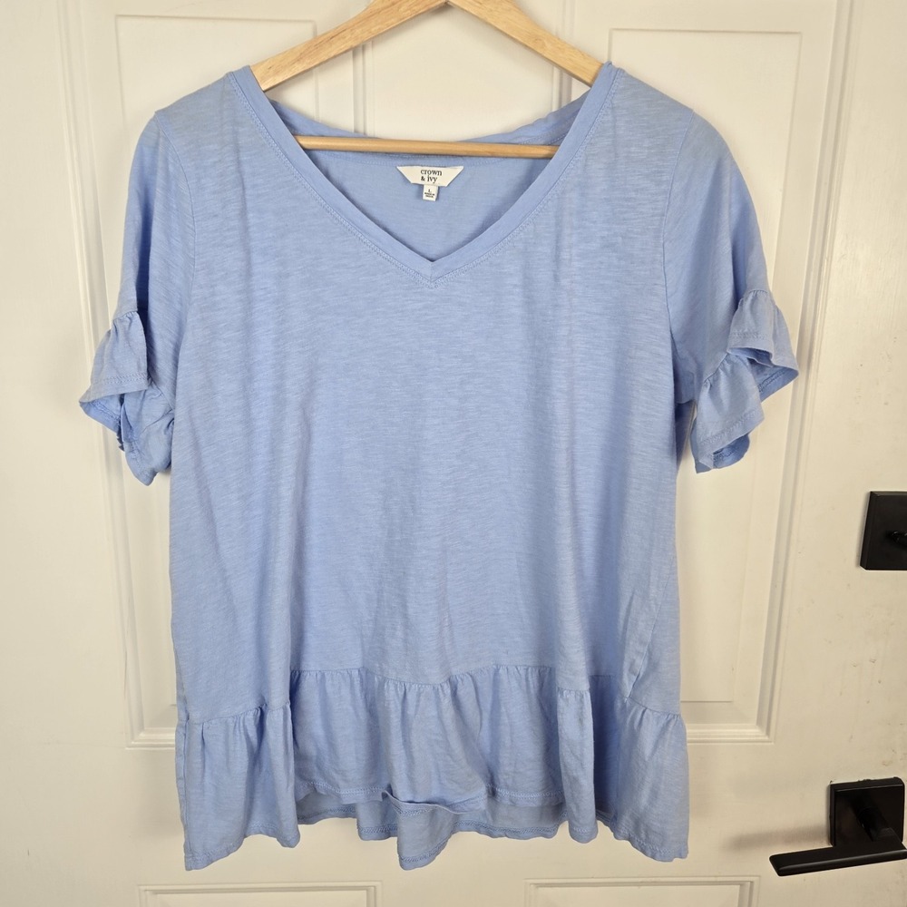 Crown & Ivy Blue‎ Top Peplum Ruffle Vneck Womens Large Coastal Preppy Casual